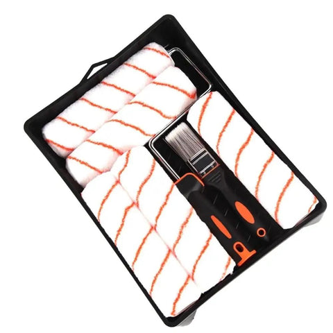 8Pcs 10 Inch Paint Rollers for Smooth Wall Makeover and Fresh Pattern Textures in a paint tray with brush and microfiber rollers.