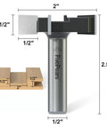 Pro Grade Spoilboard Surfacing Router Bit With One Half Inch Shank And Two Inch Cutting Diameter Four Wing Slab Flattening Planer Bit For Flat Bottom Cleaning And Leveling On Router Sled Durable YG6X Carbide Inserts, showing dimensions.