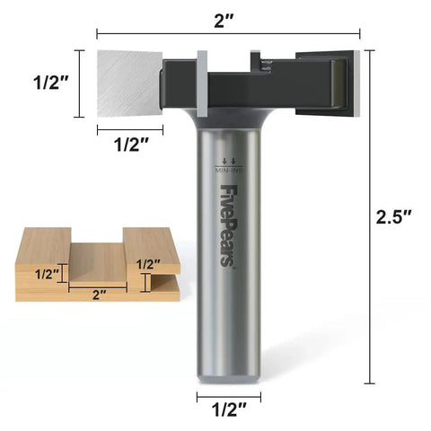 Pro Grade Spoilboard Surfacing Router Bit With One Half Inch Shank And Two Inch Cutting Diameter Four Wing Slab Flattening Planer Bit For Flat Bottom Cleaning And Leveling On Router Sled Durable YG6X Carbide Inserts, showing dimensions.