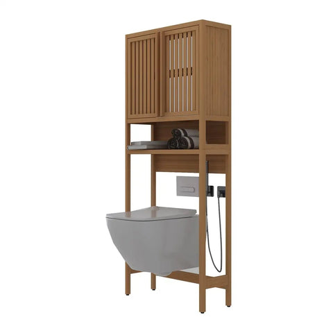 Modern bamboo bathroom storage unit with adjustable shelves and toilet, featuring a clean design and minimalistic look.