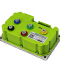 Heavy Duty Programmable Motor Controller For Electric Scooter And Motorcycle Boost Throttle Response With Easy Tune Options And Knockout Torque, bright green housing with multiple connection points.