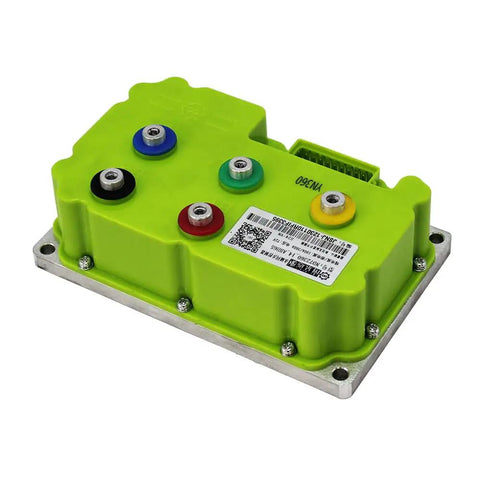 Heavy Duty Programmable Motor Controller For Electric Scooter And Motorcycle Boost Throttle Response With Easy Tune Options And Knockout Torque, bright green housing with multiple connection points.