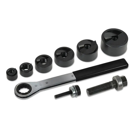 Knockout Punch Set With Wrench For Electrical Conduit One Half Inch To Two Inch Sizes Includes Punches Dies Draw Studs and Wrench