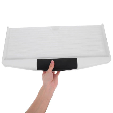 Heavy Duty Sliding Keyboard Tray With Built In Pen Slot And Slick Silver Glide Rails For No Sweat Under Desk Organization and Your Best Ever Office Setup Upgrade, held in hand.