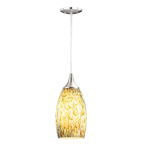 Yellow patterned glass pendant with a brushed nickel finish for kitchen or living area, adjustable cord, E26 socket, 60W max