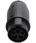 Rock Solid Type One To Type Two EV Charger Adapter Meets Sae J1772 Standards And Ip54 Weatherproof Rating, black charging plug close-up.