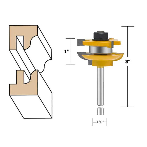 Diagram showing Three Piece Router Bit Set With One Quarter Inch Shank For Ogee Rail And Stile Cabinet Doors with dimensions