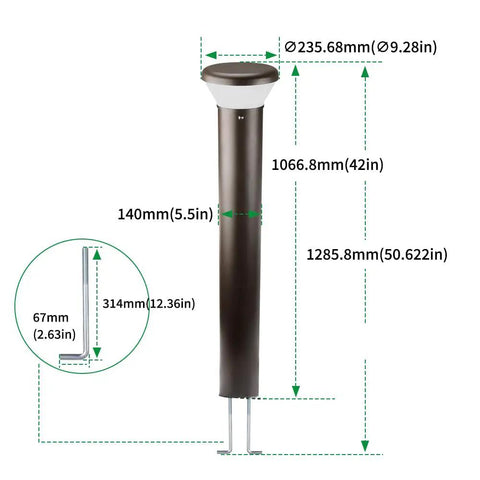 Heavy Duty Led Bollard Light 42 Inch Outdoor Pathway Fixture With Adjustable Watts And Tunable Temps measurements and details view
