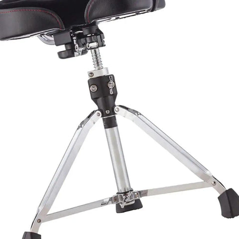 Close-up of the height adjustment mechanism and sturdy leg base of the Super Smooth Height Adjustable Drum Throne in matte black.