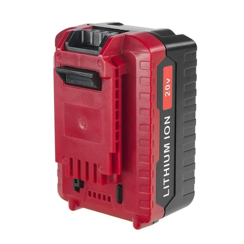 Heavy Duty 20V Lithium Ion Battery Dual Pack 4 Ah Replacement For Porter Cable Power Tools in red and black, side view, showing battery design.
