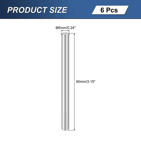 Six Piece M6 X 80mm Stainless Steel Dowel Pins Set 304 Grade Cylindrical Shelf Peg Pins for Mechanical Manufacturing Industrial Use and Furniture Installation Silver Finish shown with dimensions