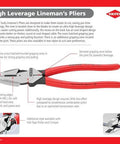 KNIPEX 9.5-inch Ultra-High Leverage Lineman's Pliers with red handles and crimper (front view)
