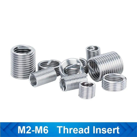 Thread Repair Insert Kit Set With 10 Pieces In Multiple Sizes For Steel Cast Iron And Aluminum Engines And Vehicles Restores Worn Or Stripped Threads Quickly And Securely, showing metal thread inserts M2-M6.