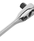 Close-up of Mini One Quarter Inch Drive Reversible Ratchet Socket Wrench for hex bolts, showing smooth-action handle design.