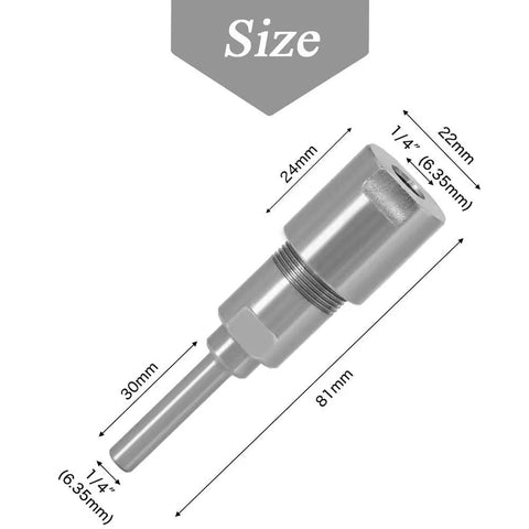Router Collet Extension Chuck Adapter for One Quarter Inch Shank Bits with dimensions and sleek metal design
