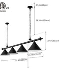 59 Inch Billiard Pool Table Light With Pull Chain Pendant Fixture, Three Matte Black Shades, Adjustable Chain For 7 To 8 Foot Tables