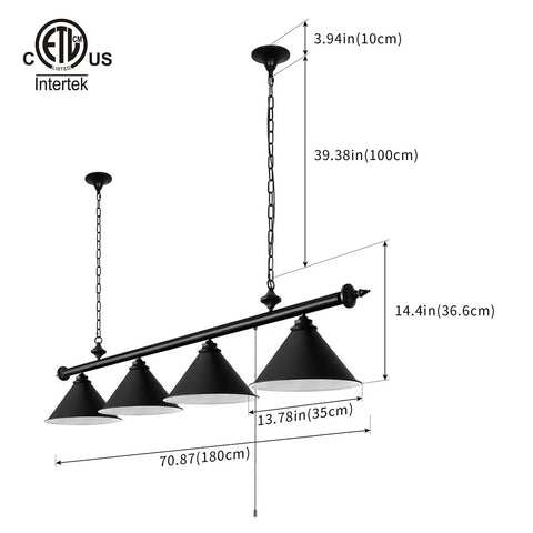 59 Inch Billiard Pool Table Light With Pull Chain Pendant Fixture, Three Matte Black Shades, Adjustable Chain For 7 To 8 Foot Tables