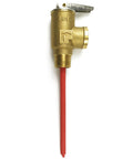 Front view brass temperature and pressure relief valve for water heater with red discharge tube and 1/2 in NPT