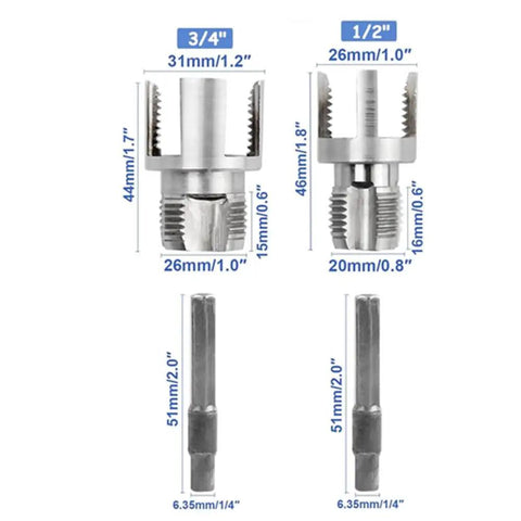 All In One PVC Pipe Thread Tool For Internal And External Threads Quick Tapping And Threading Pro Grade Fits One Half Inch And Three Quarter Inch Pipes Heavy Duty Alloy Build For Fast Installation And Repair. 1/2 and 3/4 in PVC thread tool with metal bits