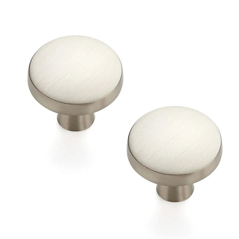 Slick Brushed Nickel Cabinet Knobs Rock Solid Zinc Pulls Single Hole Mount Quick Swap For Kitchen Drawers Fresh Home Hardware Upgrade Smooth Grip 10 Pack, close-up view of two knobs.