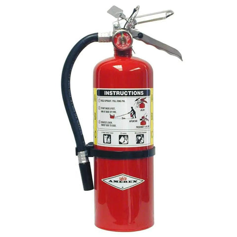 Close-up view of Five Pack ABC Dry Chemical Fire Extinguishers With Wall Brackets, 5 Lb Each, Multi Purpose Class A B C, UL Rated 3A 40B C