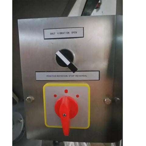 Control panel for Heavy Duty Vibrating Hopper Feeder made of stainless steel with adjustable vibration controls.