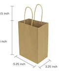 Brown Kraft Paper Bags With Handles 5.25x3.25x8 Inches, showing dimensions, made of plain natural 110 GSM material.