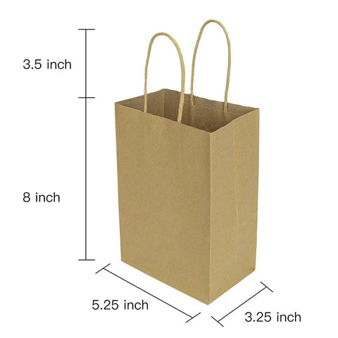 Brown Kraft Paper Bags With Handles 5.25x3.25x8 Inches, showing dimensions, made of plain natural 110 GSM material.