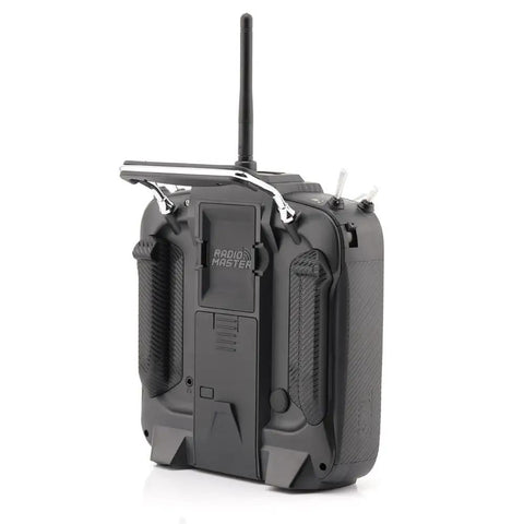 Carbon Fiber RC Transmitter With Hall Gimbals And EdgeTX OpenTX Support, rear view showing raised grips and removable battery cover.