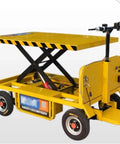 Pro Grade Hydraulic Lift Platform Table And Electric Four Wheel Handcart With Manual Push Frame for heavy duty warehouse use.