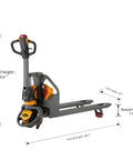 Apollo Lift Full Electric Lithium Pallet Jack, 3300 Lbs Capacity, 48V Brushless Motor with fork width 27 inches and height 50.4 inches.