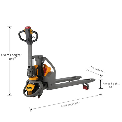Apollo Lift Full Electric Lithium Pallet Jack, 3300 Lbs Capacity, 48V Brushless Motor with fork width 27 inches and height 50.4 inches.