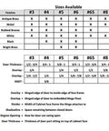 Size chart for cabinet hinges showing finishes, door thickness, overlay, and inset details with focus on antique brass option.