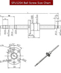SFU1204 Ball Screw Kit size chart with detailed measurements for CNC applications, showcasing solid steel construction and bearing supports.