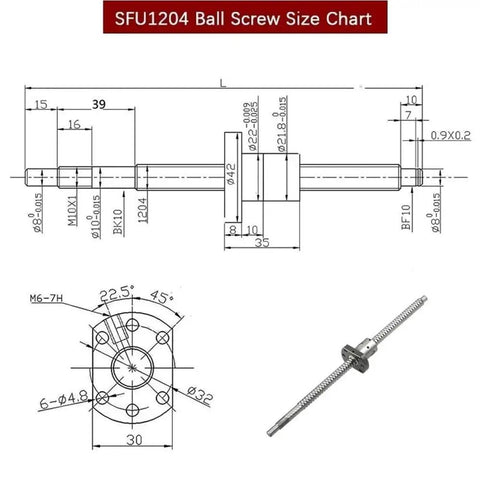 SFU1204 Ball Screw Kit size chart with detailed measurements for CNC applications, showcasing solid steel construction and bearing supports.