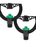 2 Pack 6 Nozzle Center Pivot Sprinkler System For Low Pressure Irrigation, 4-7m Spray Radius, DN15, black and green units.