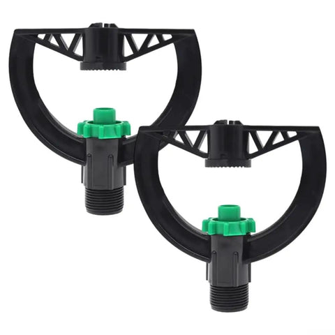 2 Pack 6 Nozzle Center Pivot Sprinkler System For Low Pressure Irrigation, 4-7m Spray Radius, DN15, black and green units.