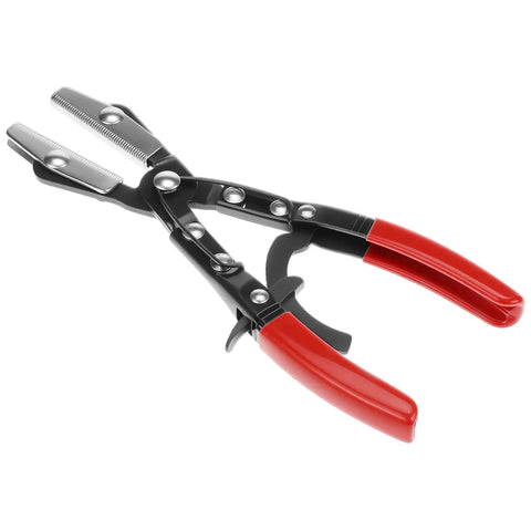 Automatic Locking Ratcheting Hose Pinch Off Pliers 10 Inch Heavy Duty Swivel Jaw Clamp with red comfort grip handles