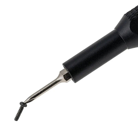 Close-up of Pro Grade Aluminum Precision Bit 4mm Driver With Knurled Ergonomic Grip, showing magnetic bit holder with a tiny screw.