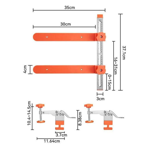 All In One Drawer Slide Jig Kit With Toggle Clamp And Magnetic Arm For Fast, Precise Cabinet, Drawer, And Desk Installations, A No Brainer Setup That Eliminates Guesswork And Cuts Installation Time with measurements and components