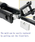 Close-up of 16 Ton Hydraulic Cable Lug Crimper Kit With 13 Die Sets showing quick release bolt for easy mold replacement.