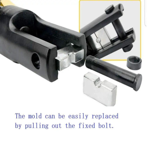 Close-up of 16 Ton Hydraulic Cable Lug Crimper Kit With 13 Die Sets showing quick release bolt for easy mold replacement.