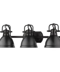 Three Light Matte Black Bath Vanity Fixture From Duncan Collection With Matte Black Shades, Vintage Inspired, 24 Inch Wide