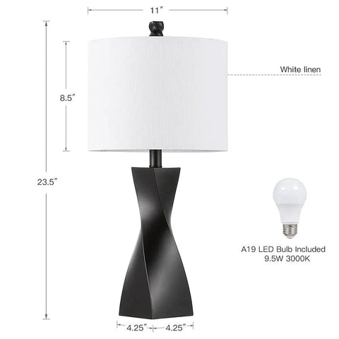 Two Pack Black Table Lamps With White Linen Shades For Bedroom And Living Room End Tables Set Of 2, Easy Three Minute Assembly, 9.5W LED Bulbs Included, Warm Cozy Nightstand Lighting showing twisted black base and white shade dimensions.