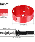 Hole saw and arbor, 114mm (4.5in) diameter, red bimetal cutter for metal, wood, plastic (front view).