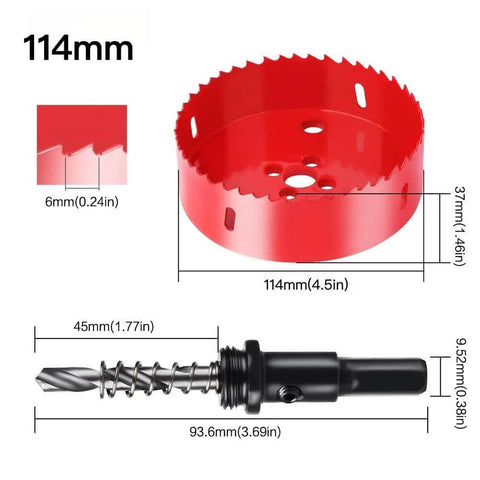 Hole saw and arbor, 114mm (4.5in) diameter, red bimetal cutter for metal, wood, plastic (front view).