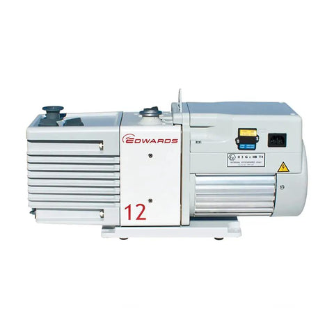 Side view of 12 RV12 Rotary Vane Dual Stage Mechanical Vacuum Pump with mode selector and gas ballast, showing design and controls.