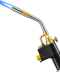 Heavy Duty High Intensity Mapp Gas Propane Torch For Welding Soldering Brazing And Cooking Kit With Trigger Start And Self Ignition, Ergonomic Non Slip Handle, Brass Head, CSA Certified showing blue flame