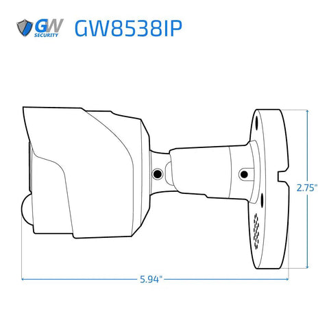 Side view illustration of 8MP 4K IP PoE Spotlight Bullet Security Camera with 3.6mm Fixed Lens dimensions shown