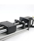 Side view of Dual Optical Axis Ballscrew SFU1605 100mm Travel With NEMA23 Stepper Motor for CNC routers and 3D printers.
